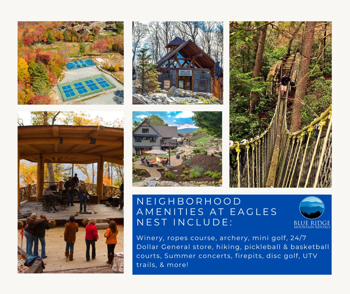 A vibrant outdoor scene capturing the Eagles Nest amenities, including the ropes course, archery range, outdoor concert area, pickleball courts, and sweeping mountain views. Groups are seen enjoying various activities like hiking, playing mini golf, and gathering around a firepit, with a festive, adventurous atmosphere throughout.
